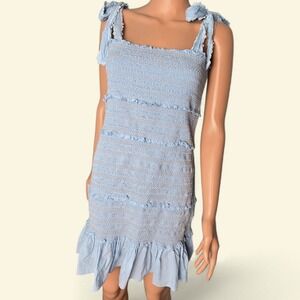 Chelsea & Violet Blue Smocked Mini Dress Cottagecore Lace Tie Strap Cotton Med M